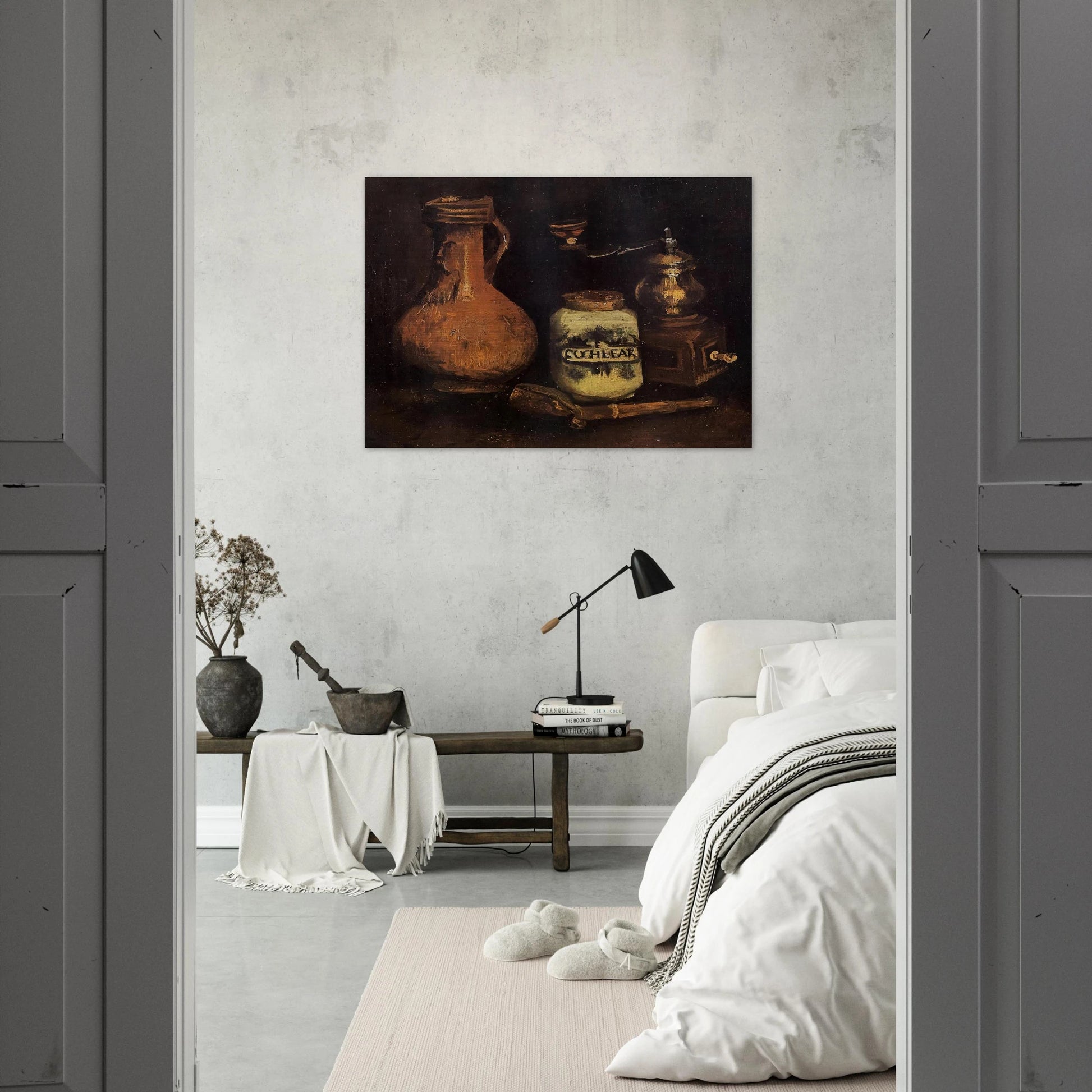 Still Life with Coffee Mill, Pipe Case and Jug - Vincent van Gogh Brushed Aluminum Print - 70x100 cm / 28x40 inches | Vincent van Gogh Aluminum Print | Vincent van Gogh Prints