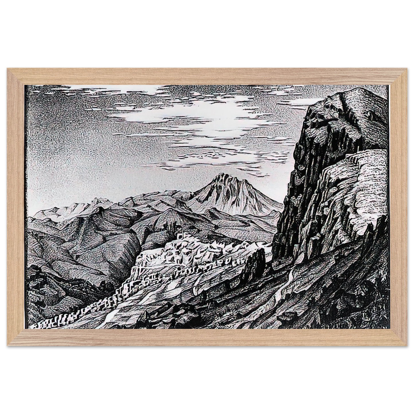 MC Escher - CALTAVUTURO IN THE MADONIE MOUNTAINS SICILY Wall Art - 30x40 cm / 12x16 inches - Premium Wooden Framed Poster With Fine Art Paper - Wood frame
