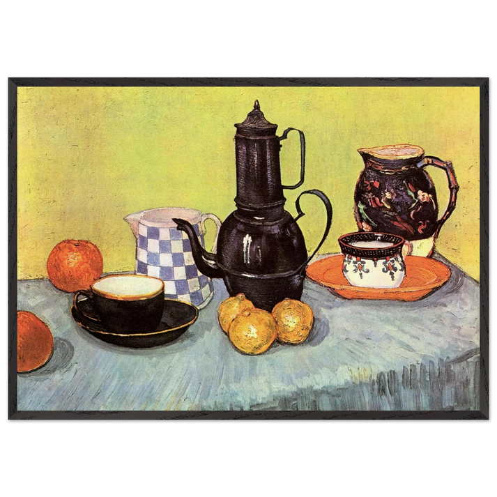 Still Life with Blue Enamel Coffeepot Earthenware and Fruit - Vincent van Gogh 70x100 cm / 28x40 inches Framed Art Print – Black Wooden Frame
