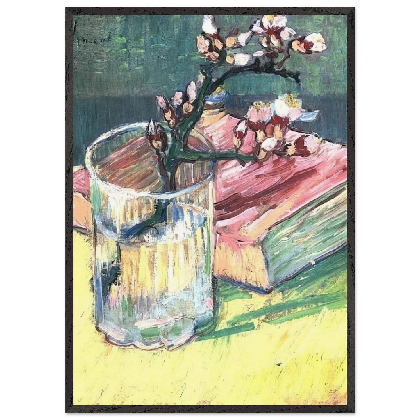Blossoming Almond Branch in a Glass with a Book - Vincent van Gogh Framed Art Print – Black Wooden Frame - Default Title - -Framed Art Print