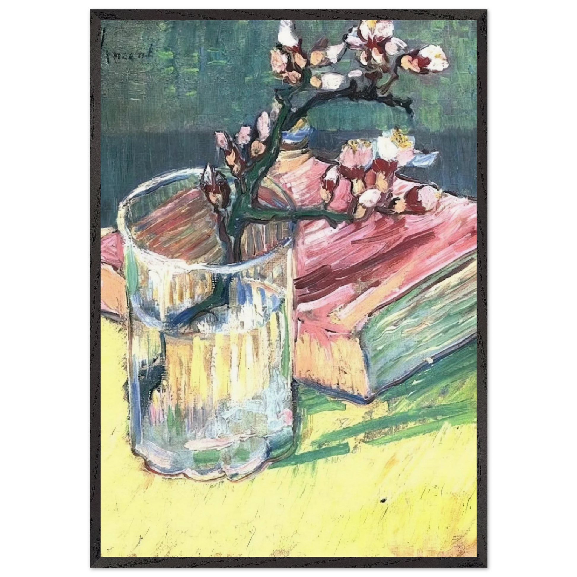 Blossoming Almond Branch in a Glass with a Book - Vincent van Gogh Framed Art Print – Black Wooden Frame - Default Title - -Framed Art Print