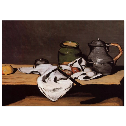Still Life with Green Pot and Pewter Jug - Paul Cézanne Brushed Aluminum Print - 70x100 cm / 28x40 inches | Paul Cézanne Aluminum Print | Paul Cézanne Prints