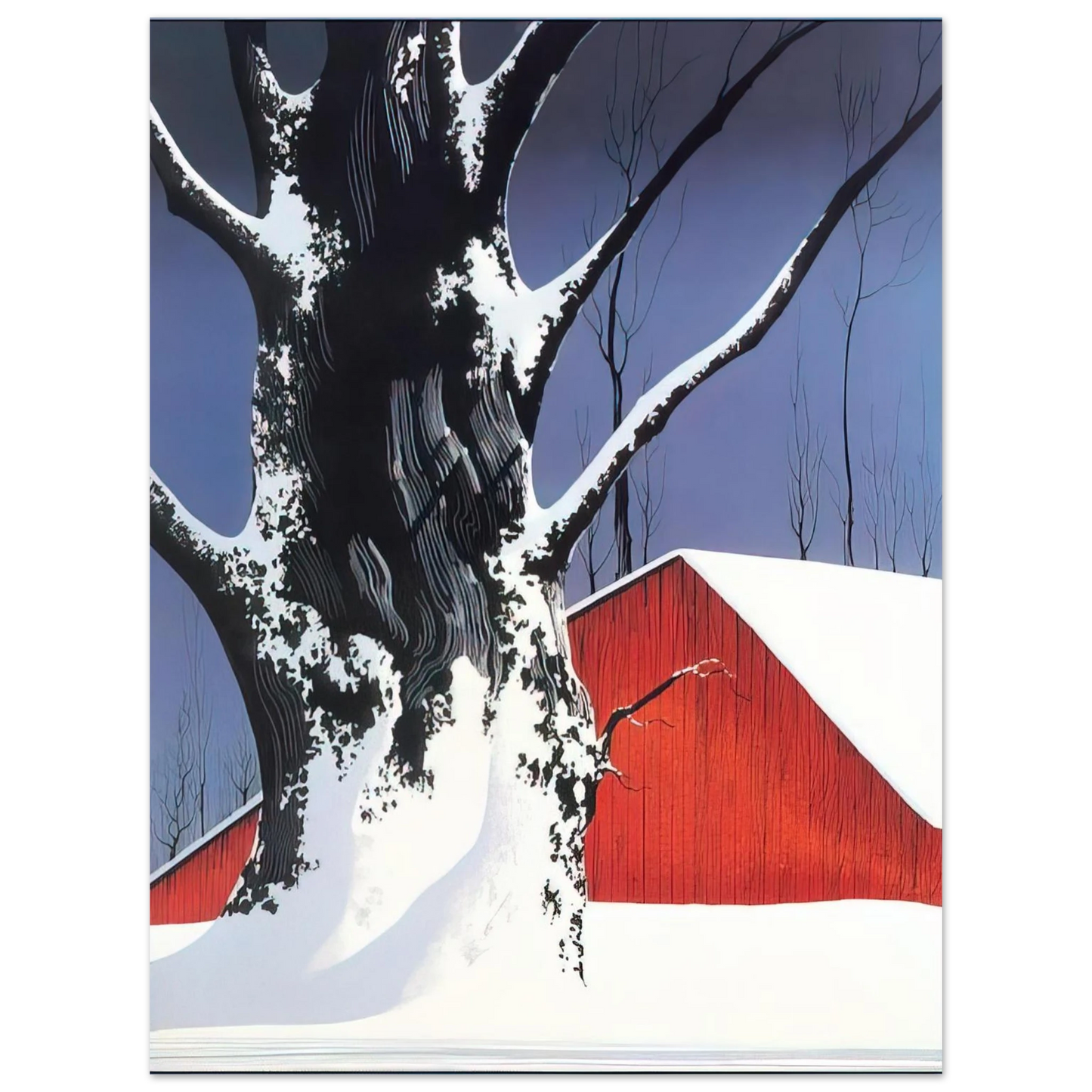 Eyvind Earle - Red Barn and Tree Snow Fine Art Poster - Default Title
