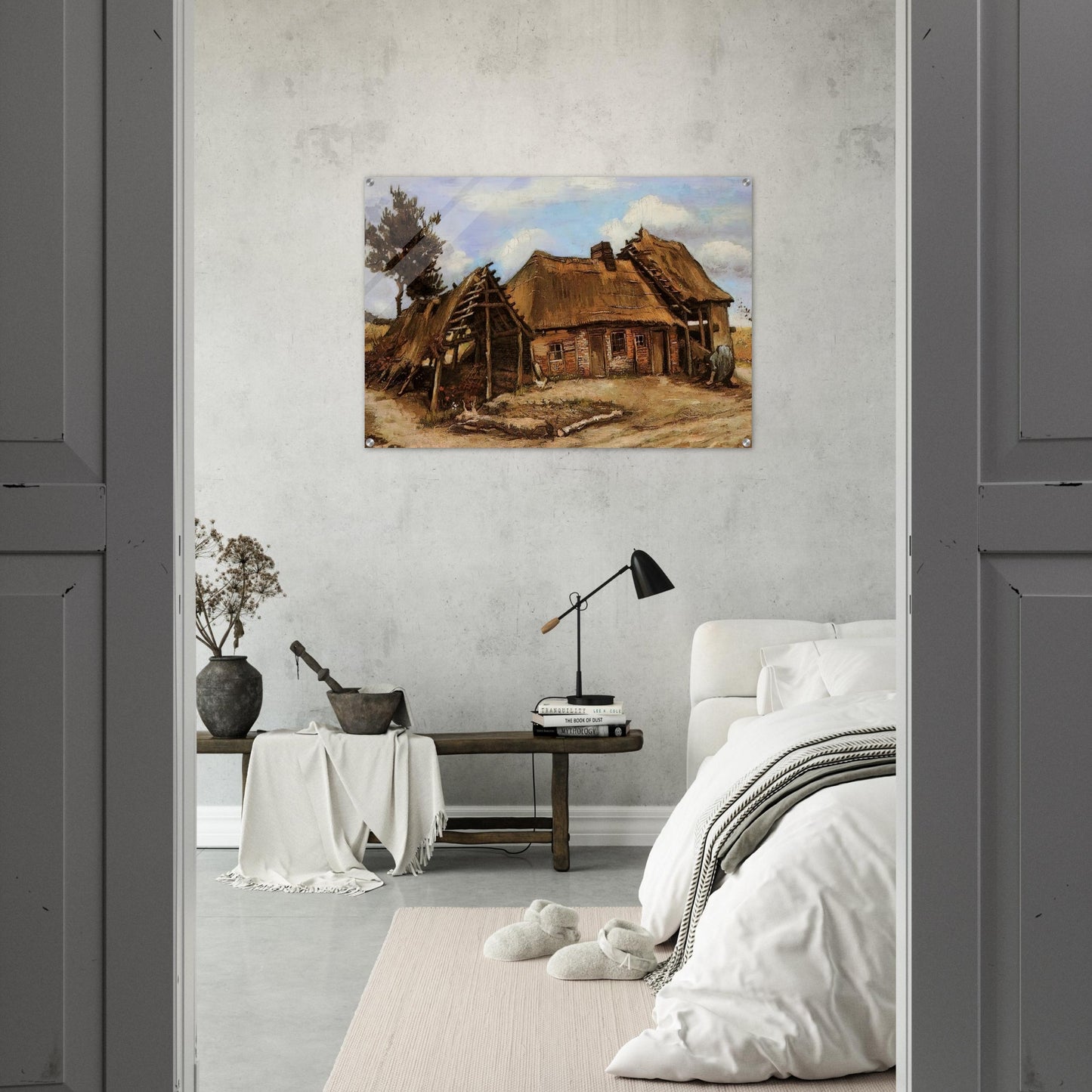 Cottage with Decrepit Barn and Stooping Woman - Vincent van Gogh Acrylic Print - 70x100 cm / 28x40″ inches