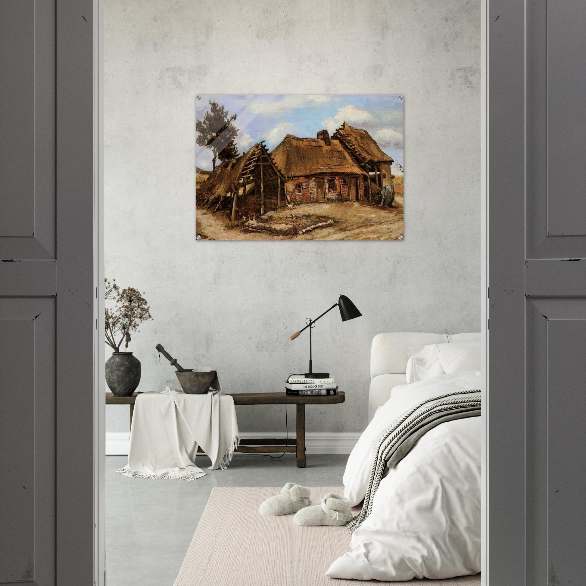 Cottage with Decrepit Barn and Stooping Woman - Vincent van Gogh Acrylic Print - 70x100 cm / 28x40″ inches