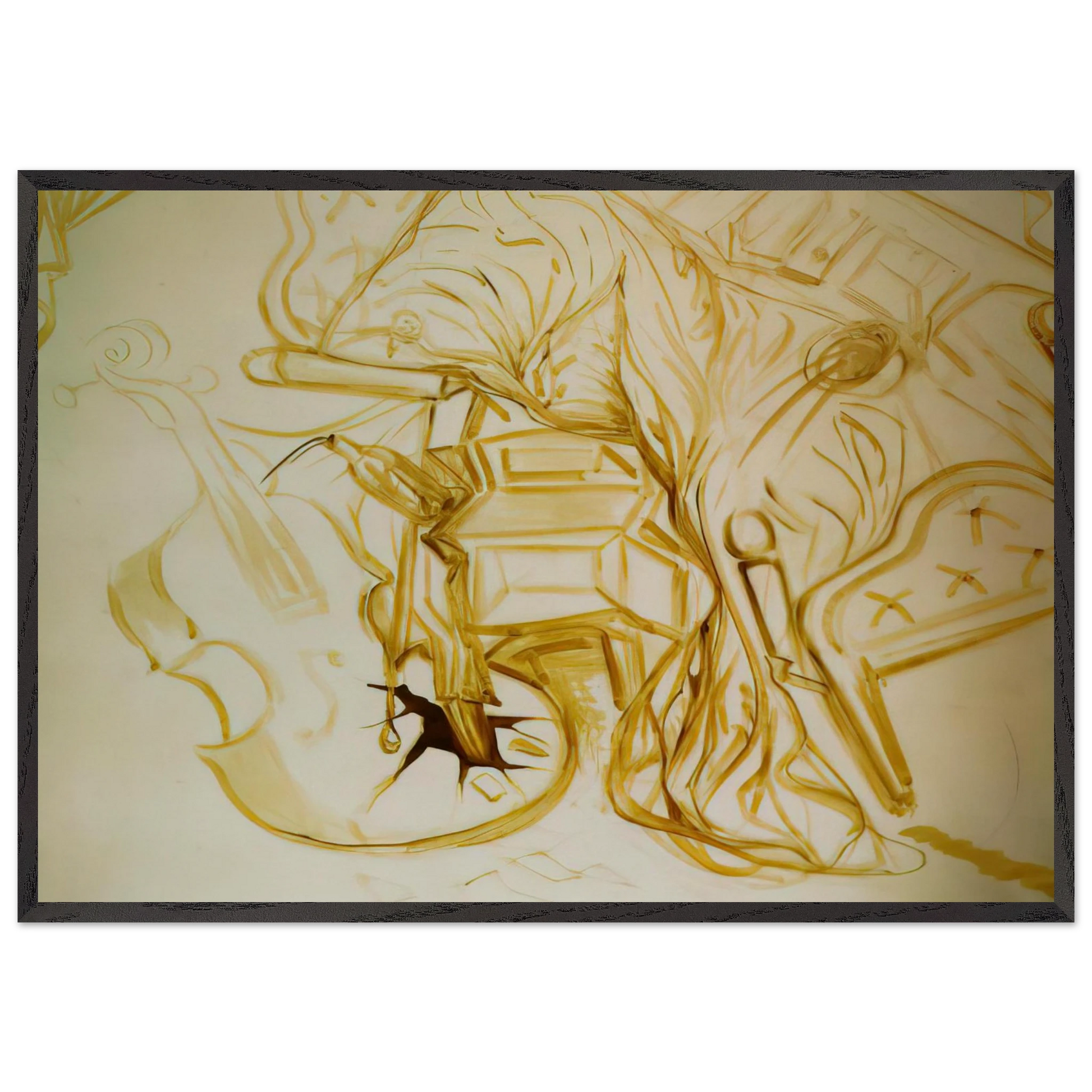 BED AND BEDSIDE TABLE FEROCIOUSLY ATTACKING A CELLO - Salvador Dali Framed Art Print – Black Wooden Frame - Default Title - -Framed Art Print