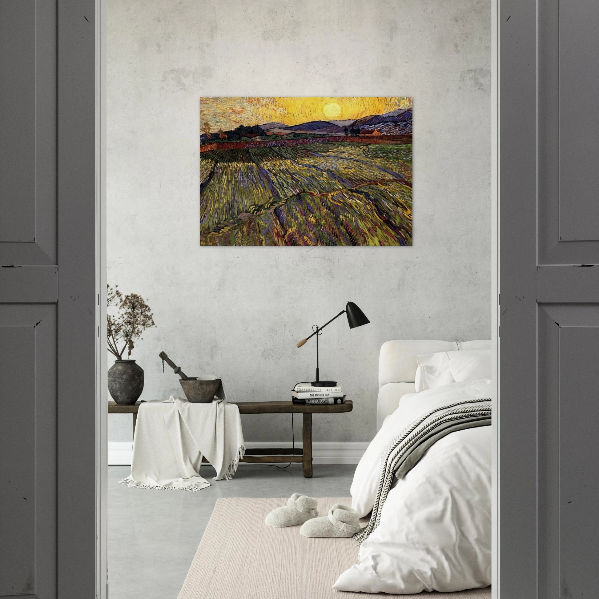 Wheat Field with Rising Sun - Vincent van Gogh Brushed Aluminum Print - 70x100 cm / 28x40 inches | Vincent van Gogh Aluminum Print | Vincent van Gogh Prints