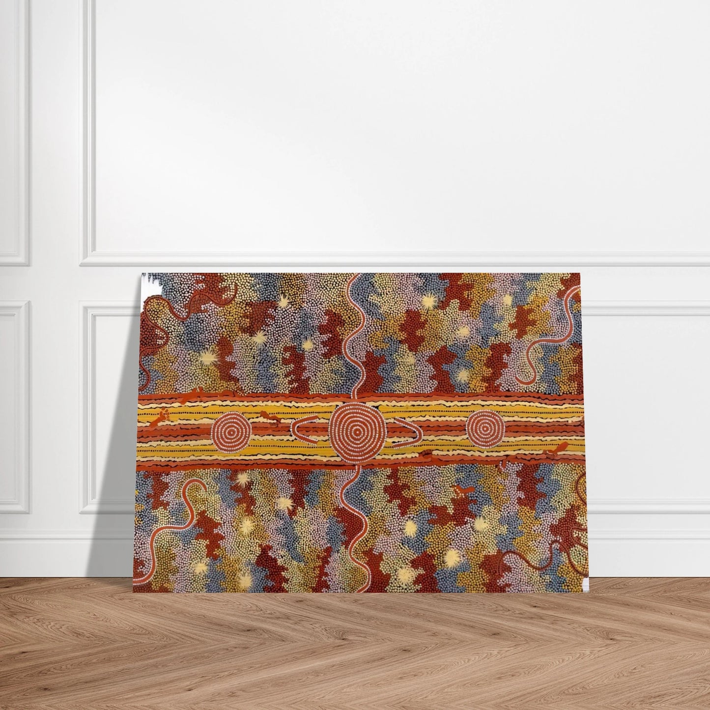 Corrobboree Dreaming - Native Art - Clifford Possum Tjapaltjarri Brushed Aluminum Print - 70x100 cm / 28x40 inches | Clifford Possum Tjapaltjarri Aluminum Print | Clifford Possum Tjapaltjarri Prints