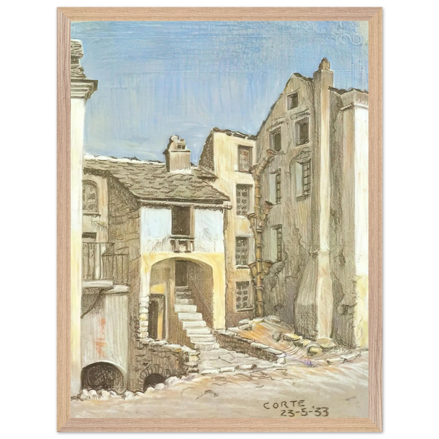 MC Escher - CORTE CORSICA Wall Art - 60x80 cm / 24x32 inches - Premium Wooden Framed Poster With Fine Art Paper - White frame