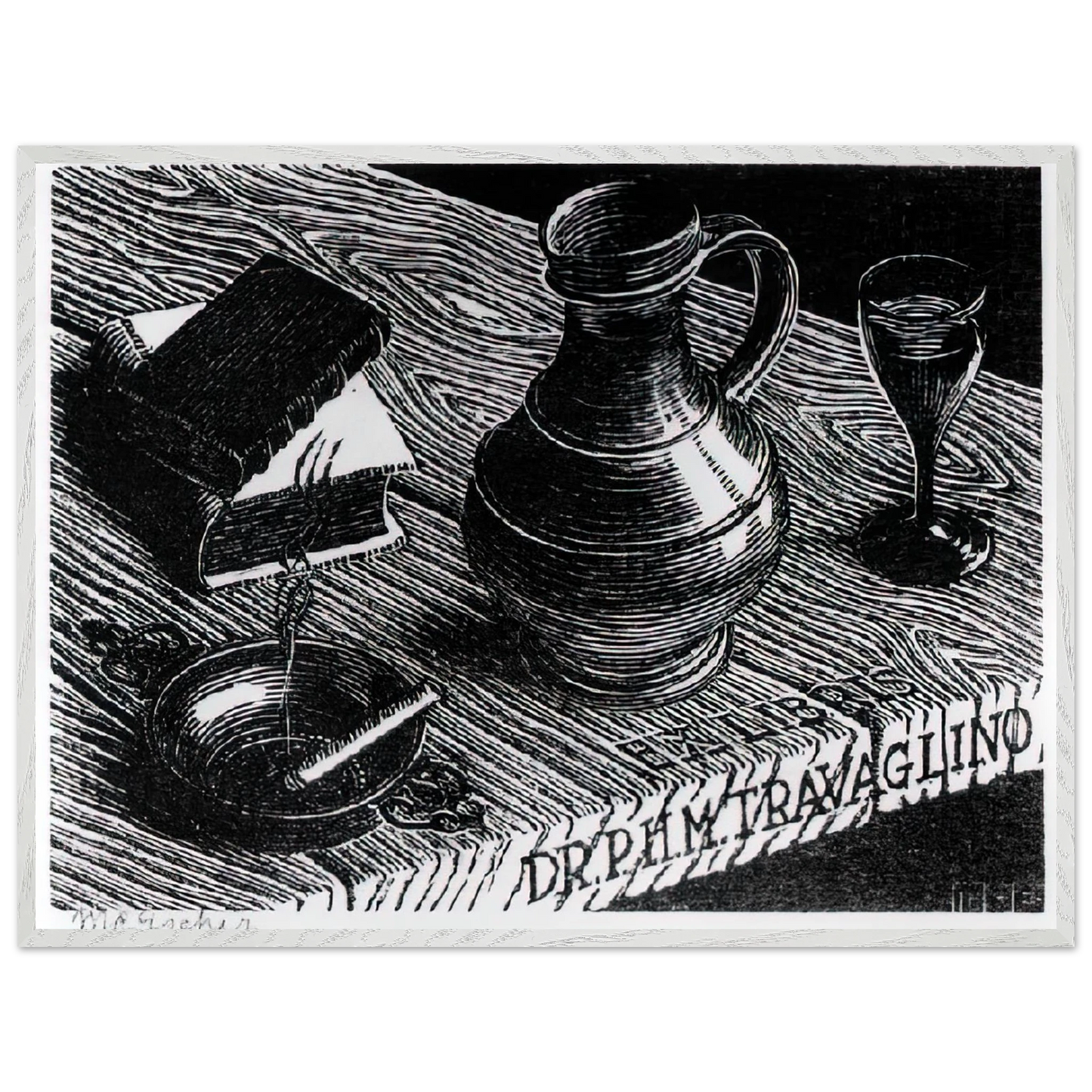 MC Escher - BOOKPLATE DR P H M TRAVAGLINO Wall Art - 30x40 cm / 12x16 inches - Premium Wooden Framed Poster With Fine Art Paper - White frame