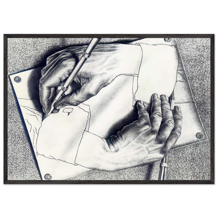 DRAWING HANDS - MC Escher 70x100 cm / 28x40 inches Framed Art Print – Black Wooden Frame | Maurits Cornelis Escher Prints