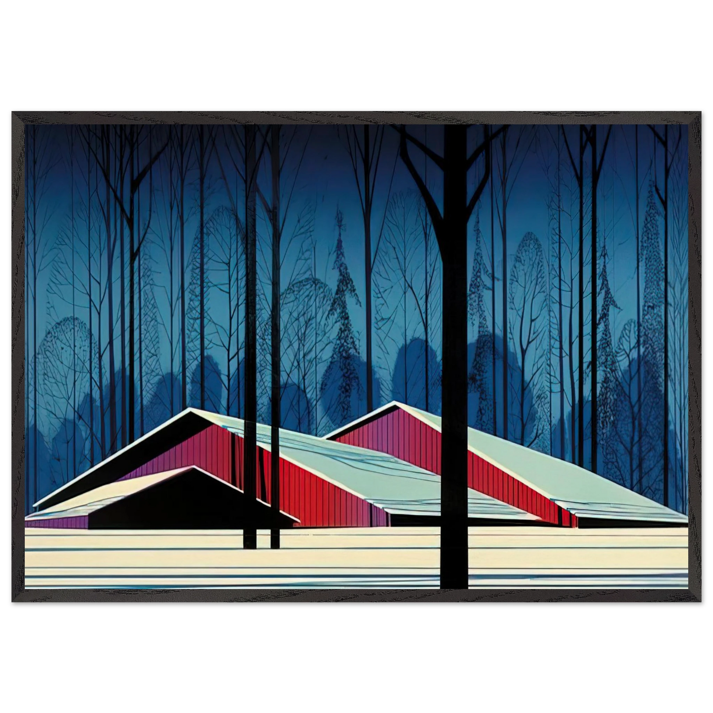 Winter Barns - Eyvind Earle Framed Art Print – Black Wooden Frame - Default Title - -Framed Art Print