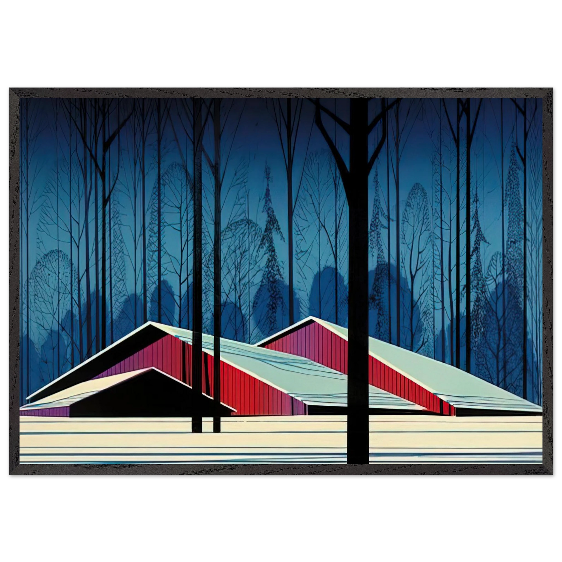 Winter Barns - Eyvind Earle Framed Art Print – Black Wooden Frame - Default Title - -Framed Art Print