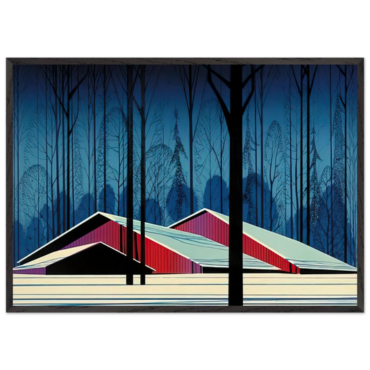 Winter Barns - Eyvind Earle Framed Art Print – Black Wooden Frame - Default Title - -Framed Art Print