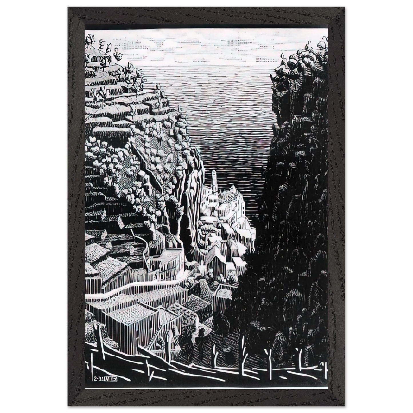 MC Escher - ATRANI COAST OF AMALFI 1 Wall Art - 21x29.7 cm / 8x12" - Premium Wooden Framed Poster With Fine Art Paper - White frame