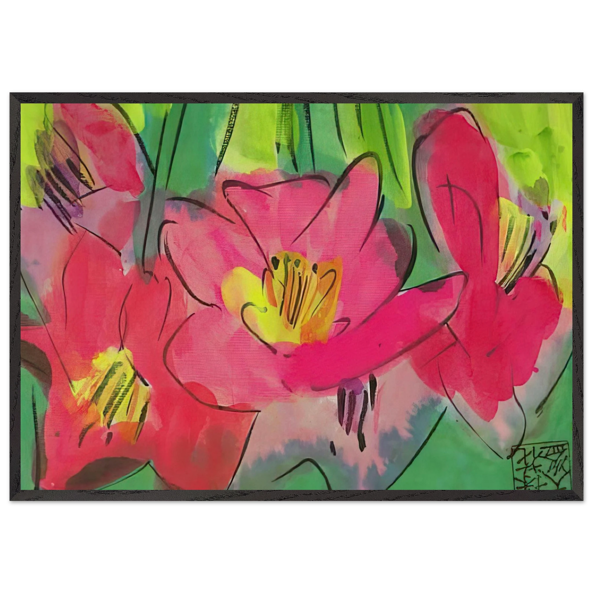 The Pinkest Flowers - Naive Art Primitivism Pop Art - Walasse Ting Framed Art Print – Black Wooden Frame - Default Title - -Framed Art Print