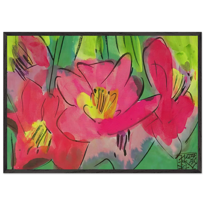The Pinkest Flowers - Naive Art Primitivism Pop Art - Walasse Ting 70x100 cm / 28x40 inches Framed Art Print – Black Wooden Frame