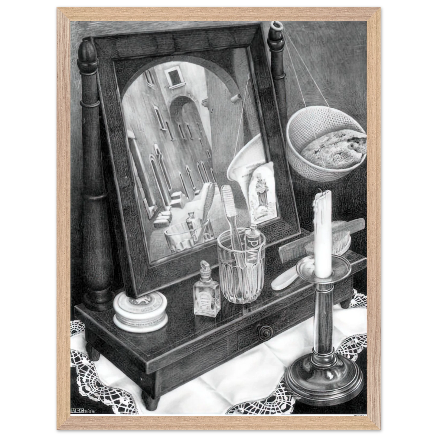MC Escher - CANDLE MIRROR Wall Art - 21x29.7 cm / 8x12" - Premium Wooden Framed Poster With Fine Art Paper - Wood frame