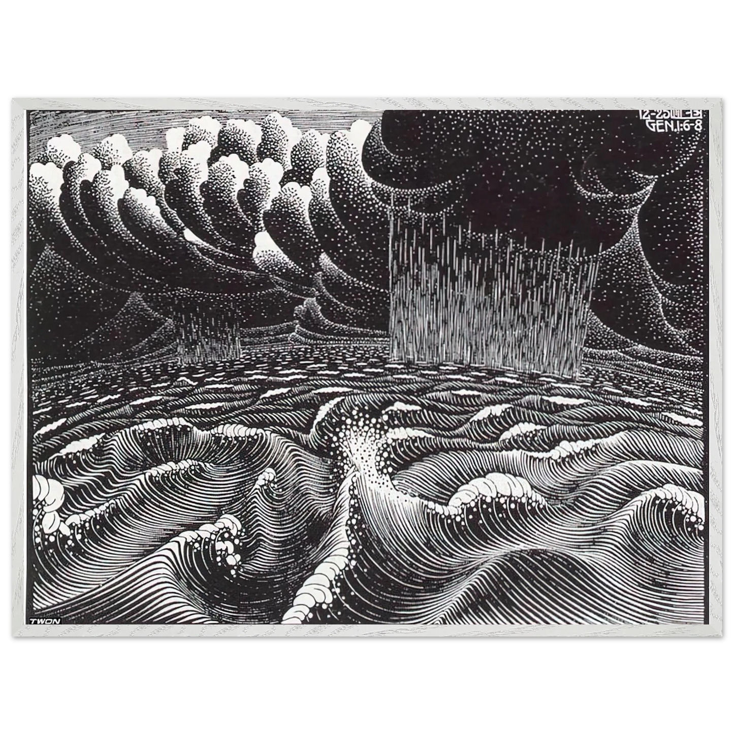 MC Escher - THE 2ND DAY OF THE CREATION Wall Art - 60x80 cm / 24x32 inches - Premium Wooden Framed Poster With Fine Art Paper - White frame