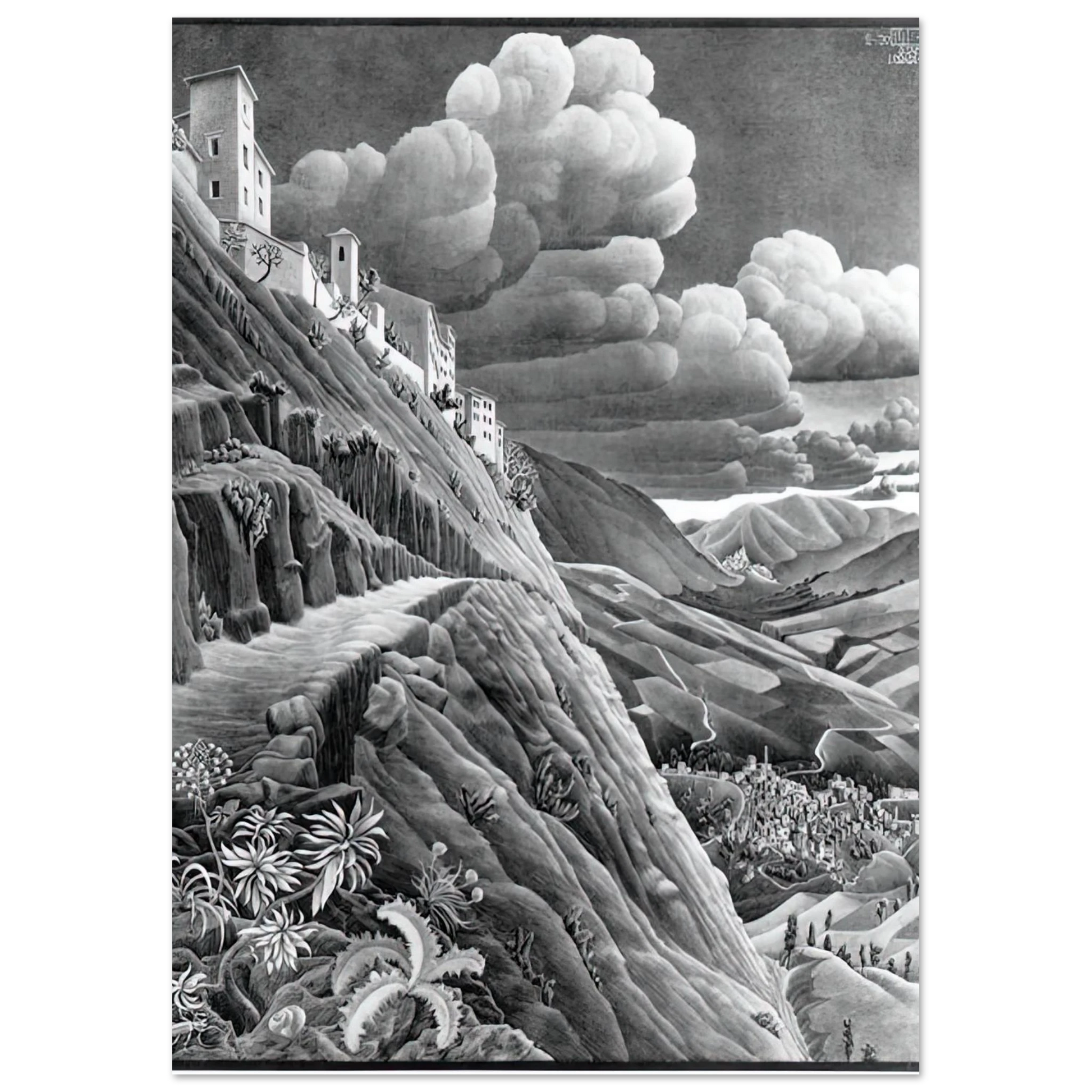 MC Escher - CASTROVALVA Wall Art - 60x80 cm / 24x32 inches - Premium Wooden Framed Poster With Fine Art Paper - Black frame