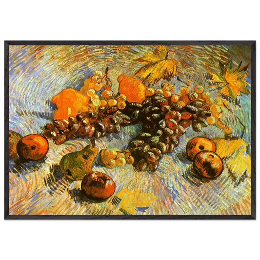 Still Life with Apples Pears Lemons and Grapes - Vincent van Gogh 70x100 cm / 28x40 inches Framed Art Print – Black Wooden Frame