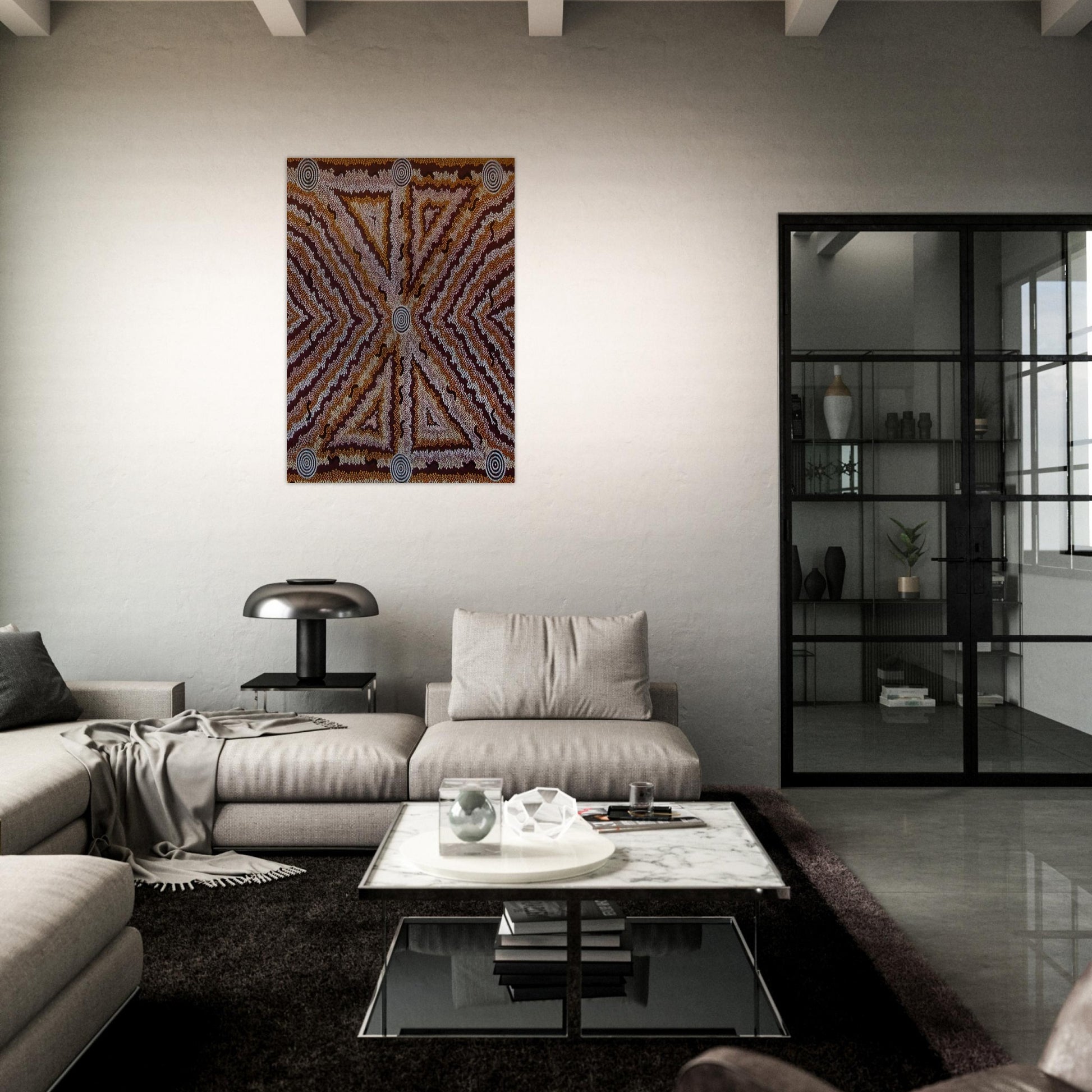 Witchetty Grub Dreaming - 1983 - Clifford Possum Tjapaltjarri Brushed Aluminum Print - 70x100 cm / 28x40 inches | Clifford Possum Tjapaltjarri Aluminum Print | Clifford Possum Tjapaltjarri Prints