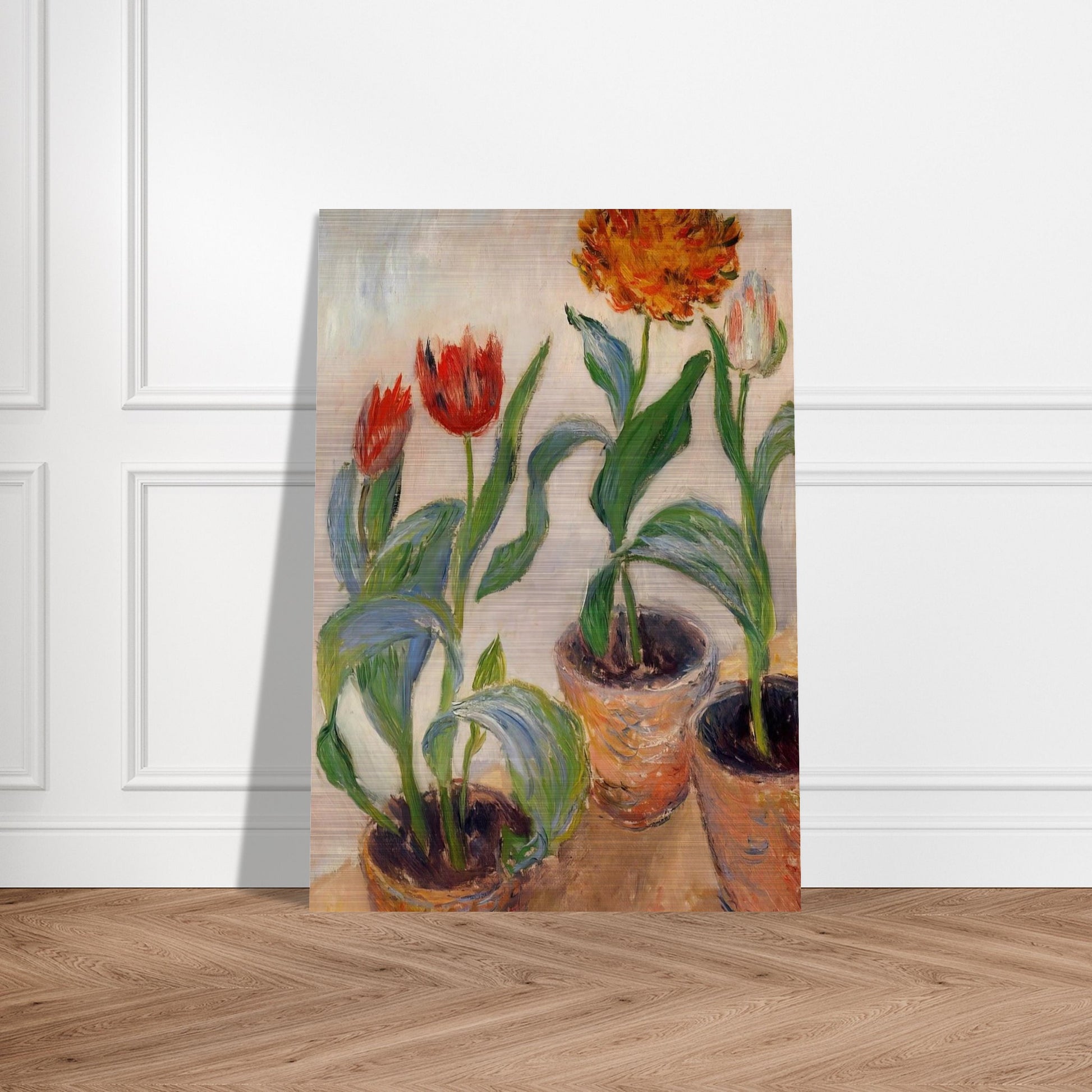 Three Pots of Tulips - claude monet Brushed Aluminum Print - 70x100 cm / 28x40 inches | claude monet Aluminum Print | claude monet Prints
