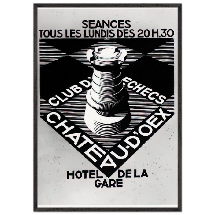 ADVERTISEMENT CHESS CLUB CHATEAU DOEX JULY 1936 1936 - MC Escher 70x100 cm / 28x40 inches Framed Art Print – Black Wooden Frame | Maurits Cornelis Escher Prints
