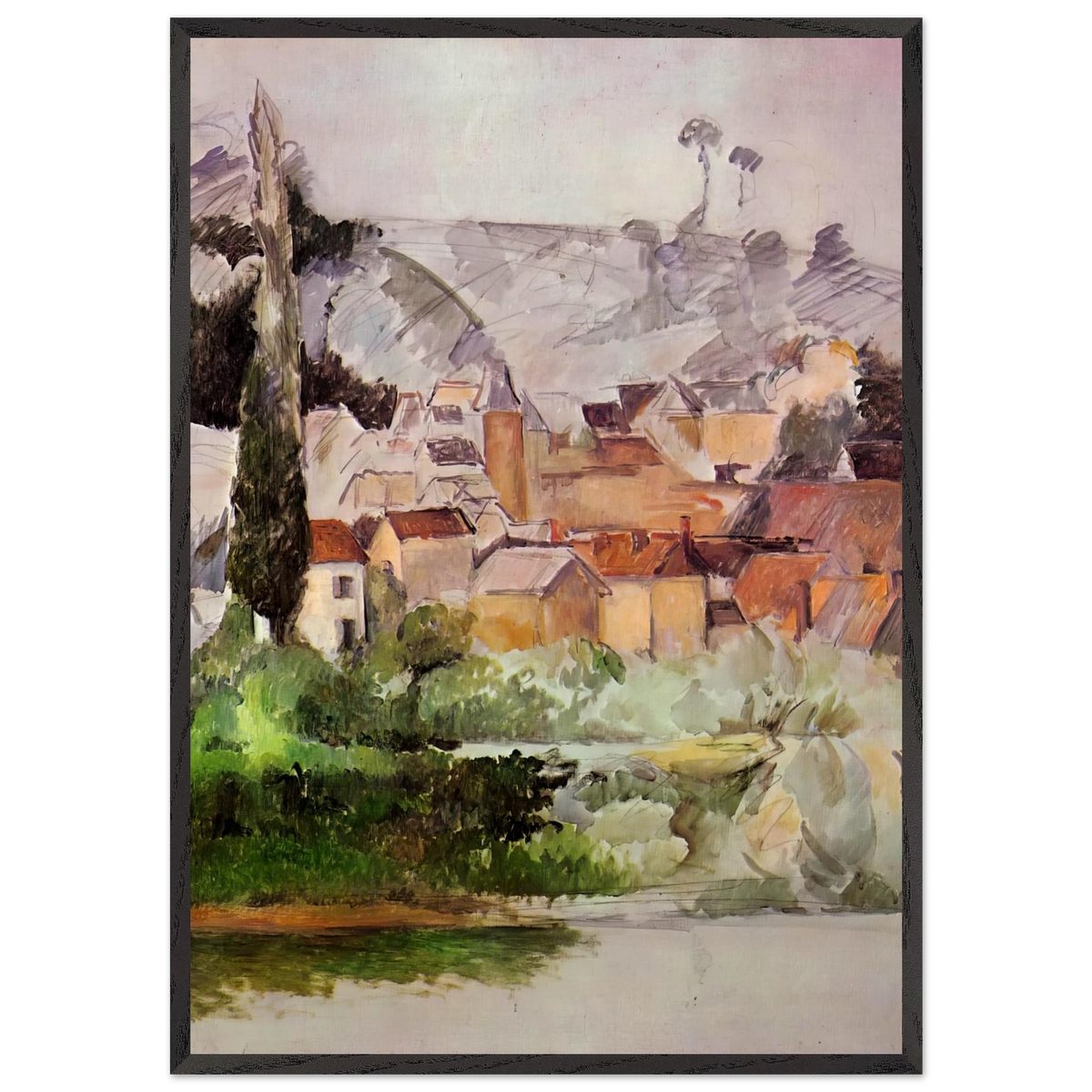 Medan Chateau and Village - Paul Cezanne 70x100 cm / 28x40 inches Framed Art Print – Black Wooden Frame
