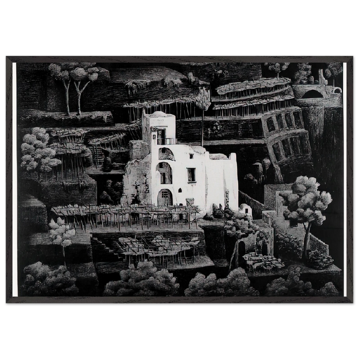 FARMHOUSE RAVELLO - MC Escher 70x100 cm / 28x40 inches Framed Art Print – Black Wooden Frame | Maurits Cornelis Escher Prints