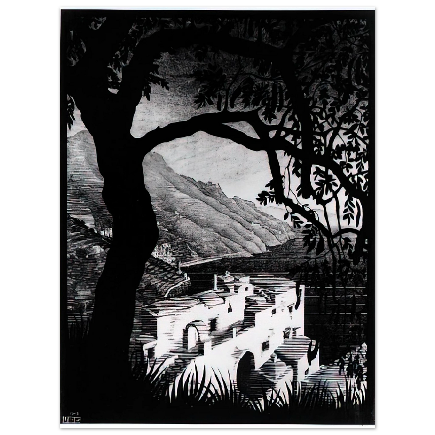 MC Escher - COAST OF AMALFI Wall Art - 30x40 cm / 12x16 inches - Premium Wooden Framed Poster With Fine Art Paper - Wood frame