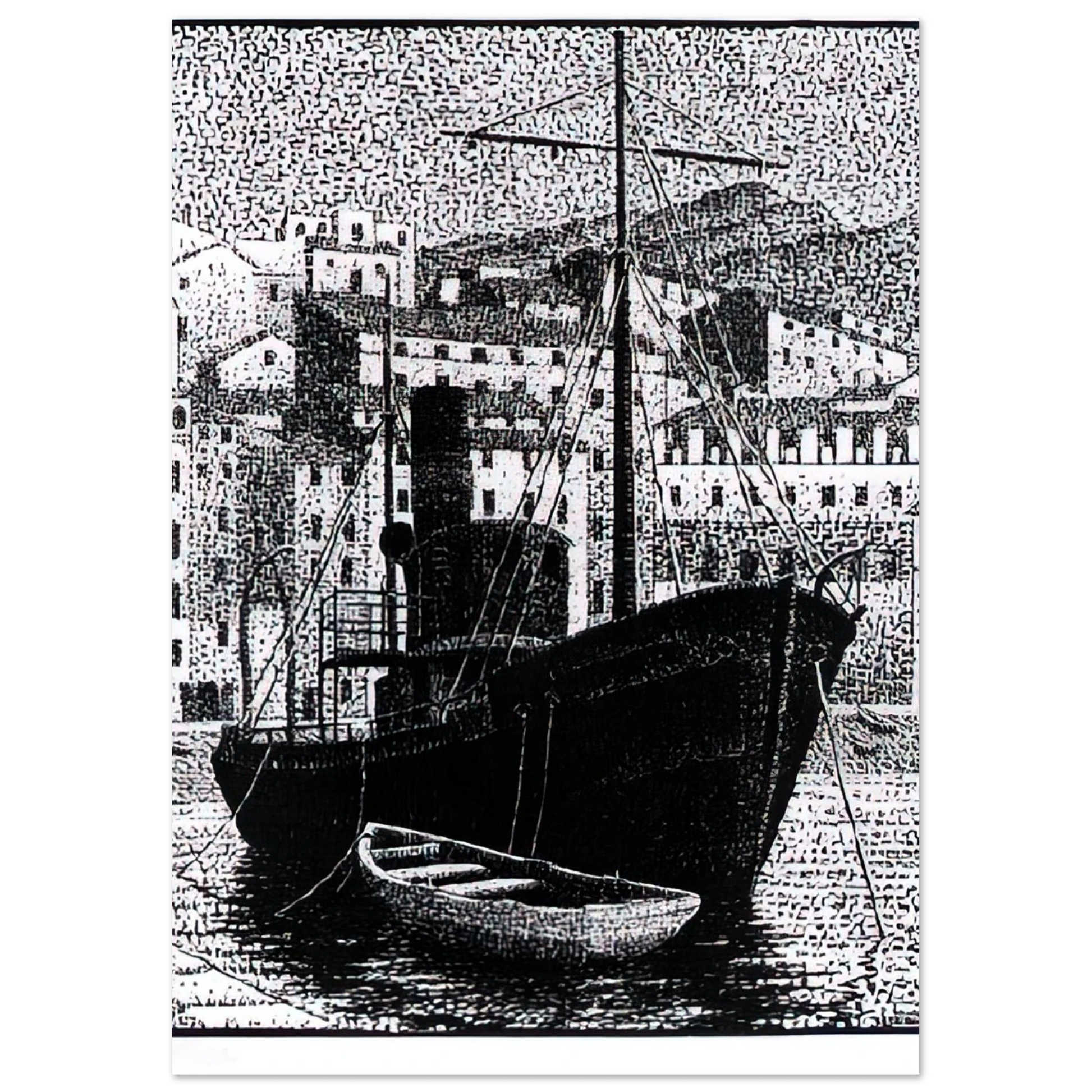 MC Escher - TUGBOAT OLD HARBOR OF BASTIA JANUARY 1934 1934 Wall Art - 30x40 cm / 12x16 inches - Premium Wooden Framed Poster With Fine Art Paper - Wood frame