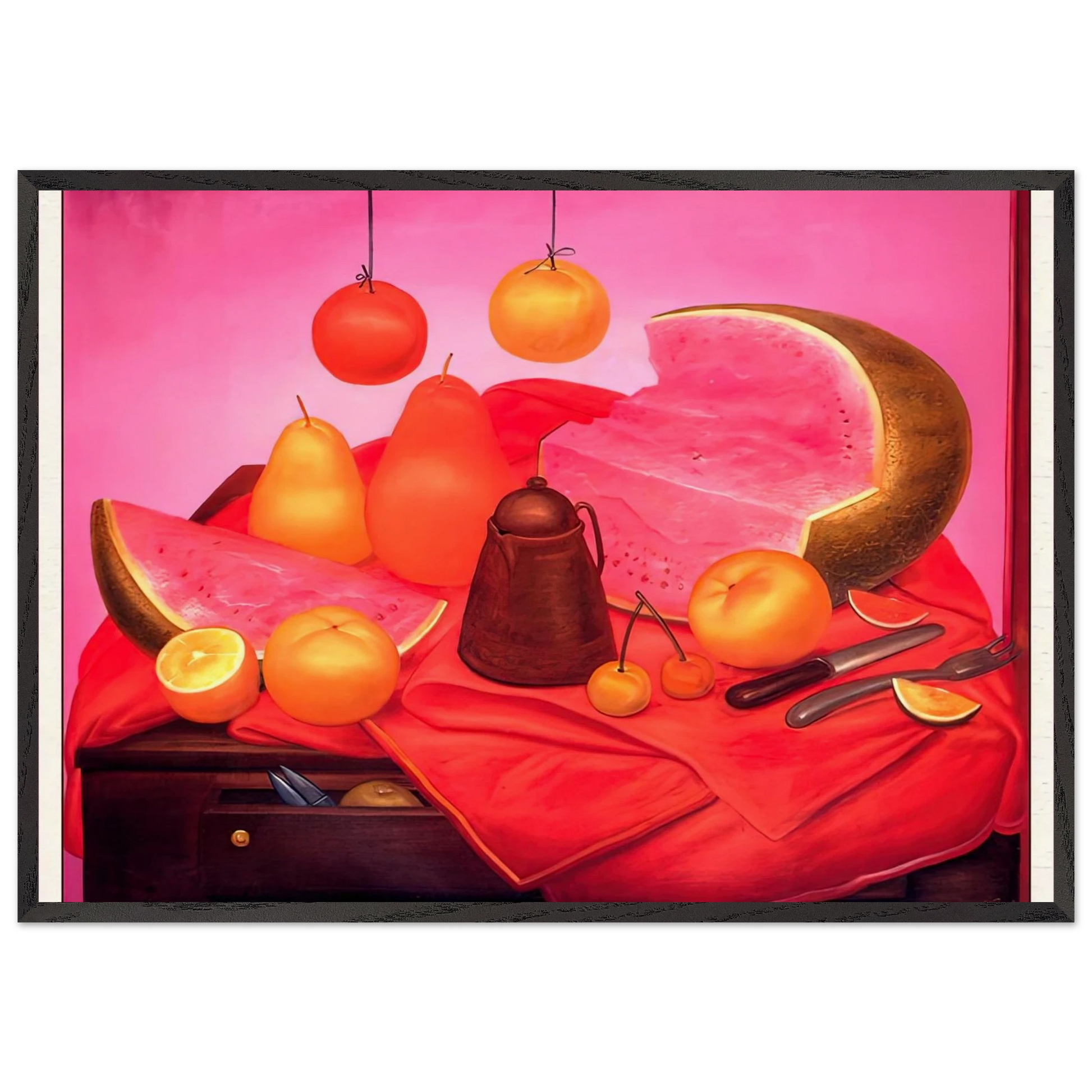 STILL LIFE WITH WATERMELON 1 - Fernando Botero Framed Art Print – Black Wooden Frame - Default Title - -Framed Art Print