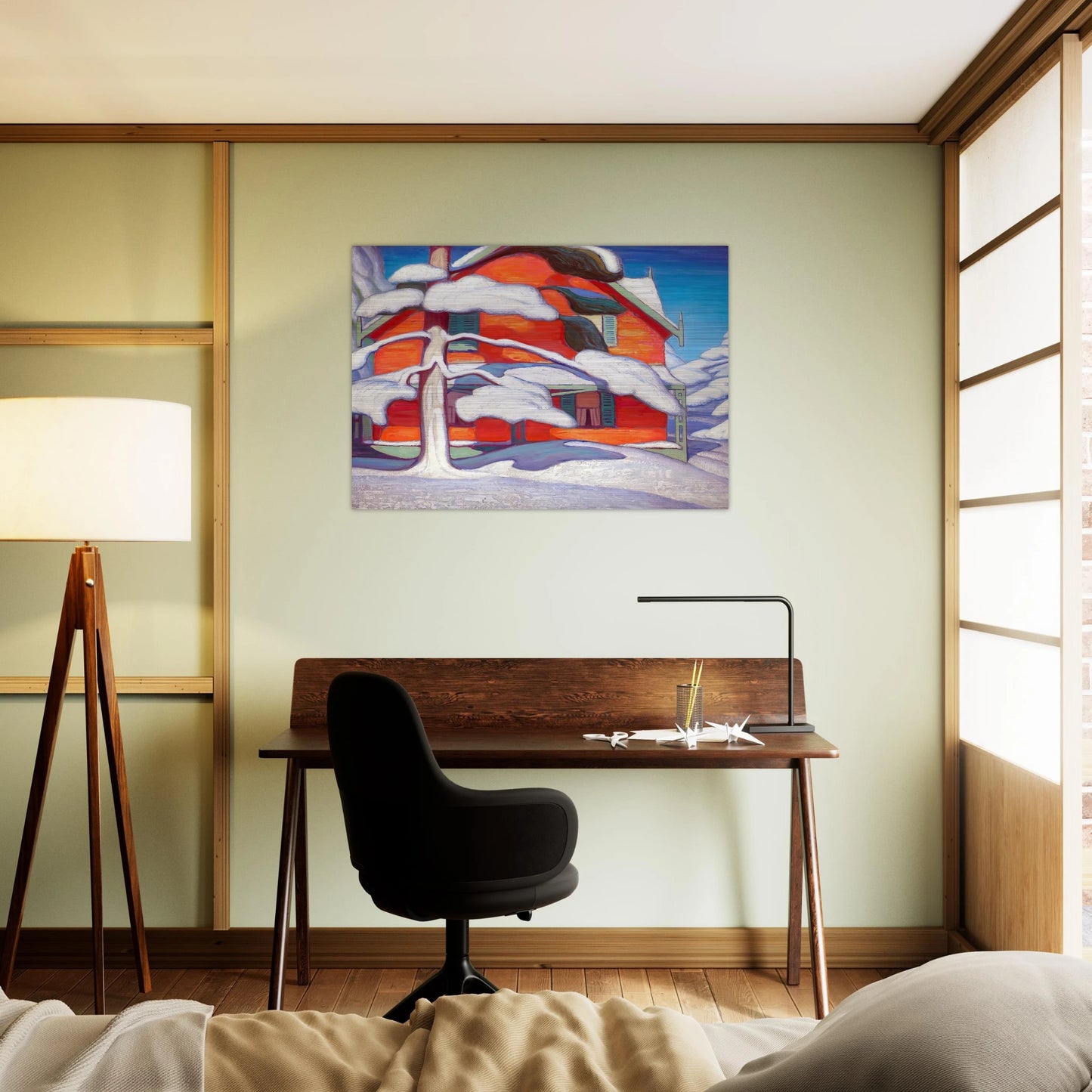 Pine Tree and Red House, Winter City - 1924 - Lawren Harris Brushed Aluminum Print - 70x100 cm / 28x40 inches | Lawren Harris Aluminum Print | Lawren Harris Prints