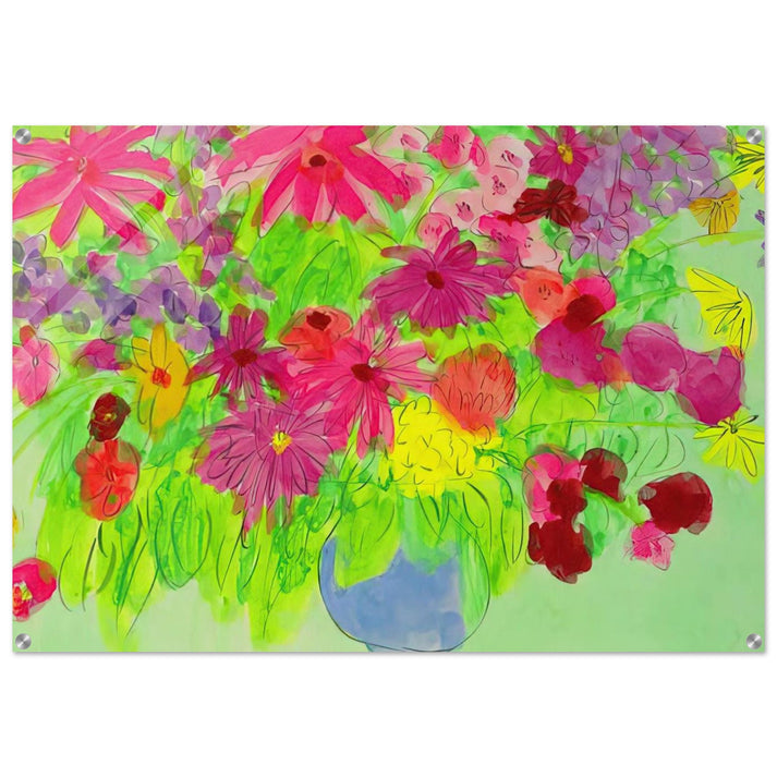 Blue Vase, Many Flowers - Naïve Art Primitivism, Pop Art - Walasse Ting Acrylic Print - 70x100 cm / 28x40″ inches