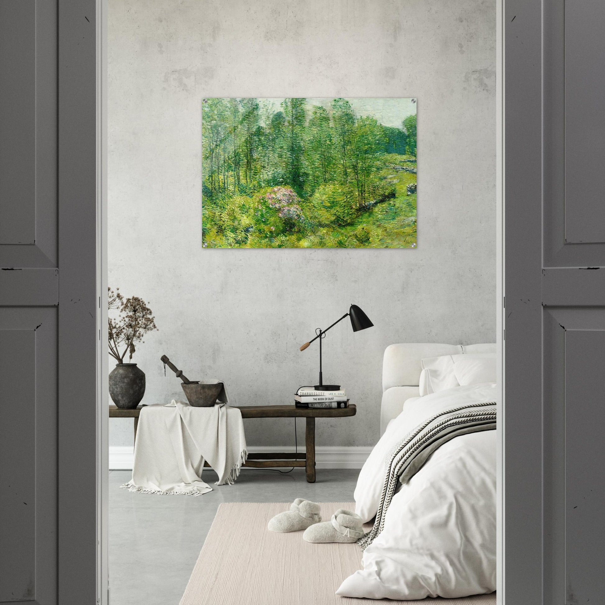 Spring Landscape with a Farmer and White Horse - Childe Hassam Acrylic Print - 70x100 cm / 28x40″ inches | Childe Hassam Wall Art | Childe Hassam Prints