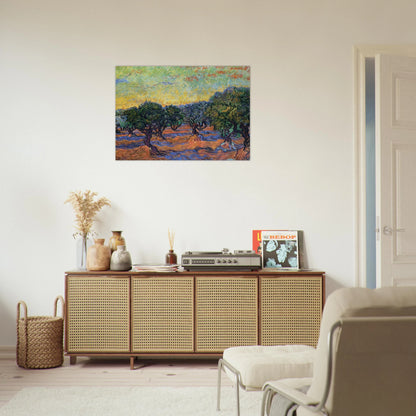 Olive Grove - Orange Sky - Vincent van Gogh Brushed Aluminum Print - 70x100 cm / 28x40 inches | Vincent van Gogh Aluminum Print | Vincent van Gogh Prints
