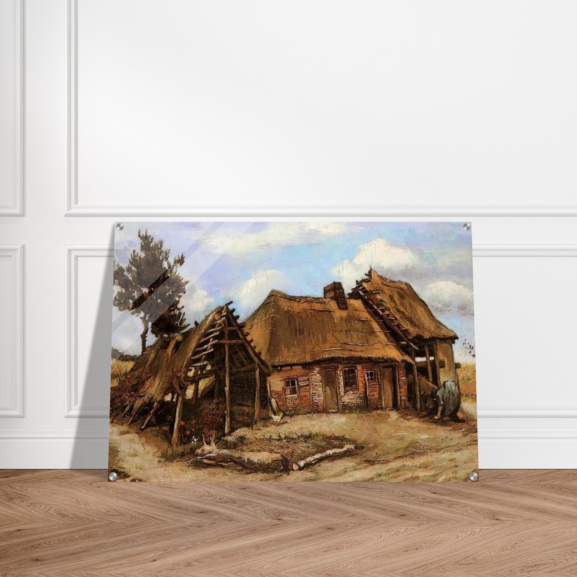 Cottage with Decrepit Barn and Stooping Woman - Vincent van Gogh Acrylic Print - 70x100 cm / 28x40″ inches