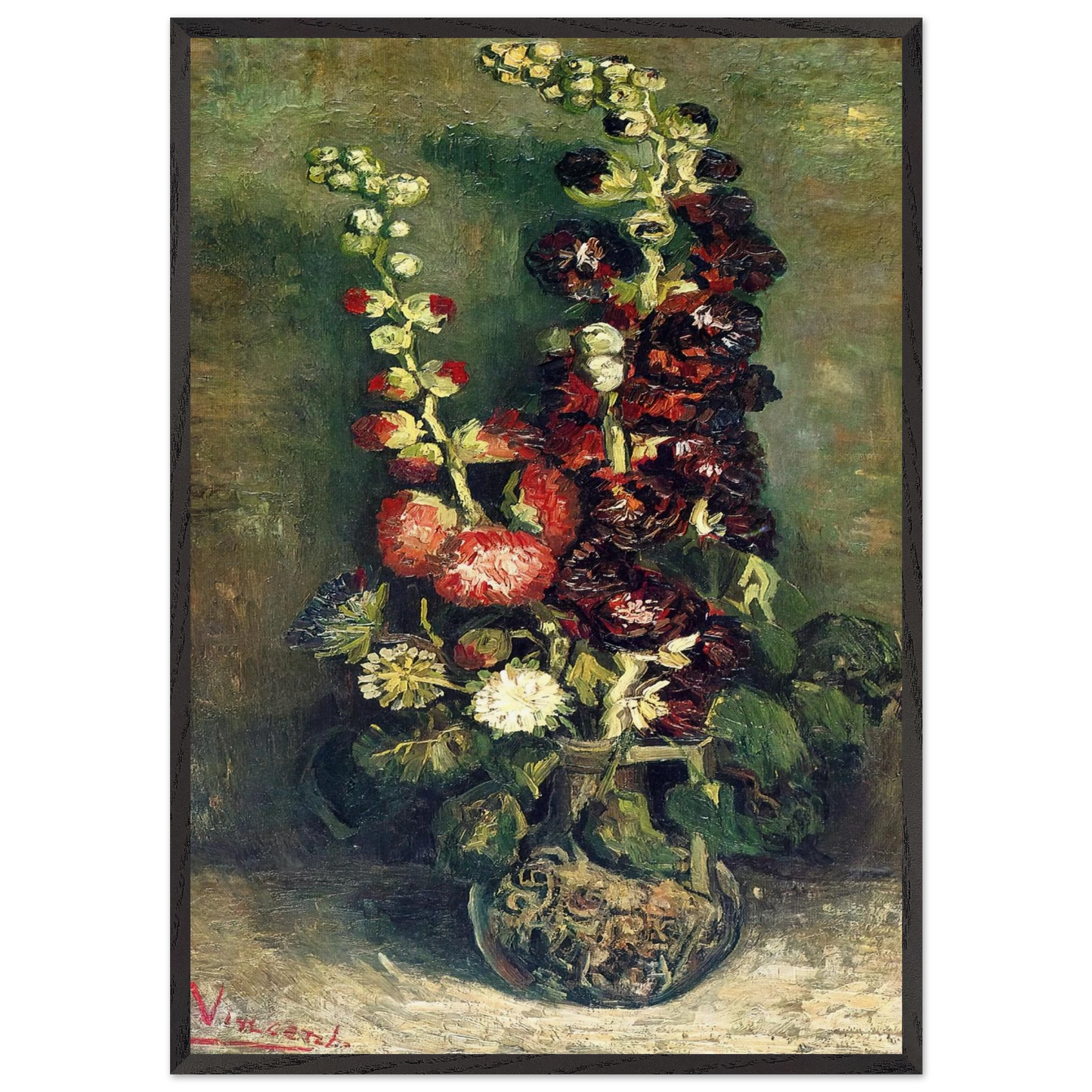 Vase of Hollyhocks - Vincent van Gogh Framed Art Print – Black Wooden Frame - Default Title - -Framed Art Print
