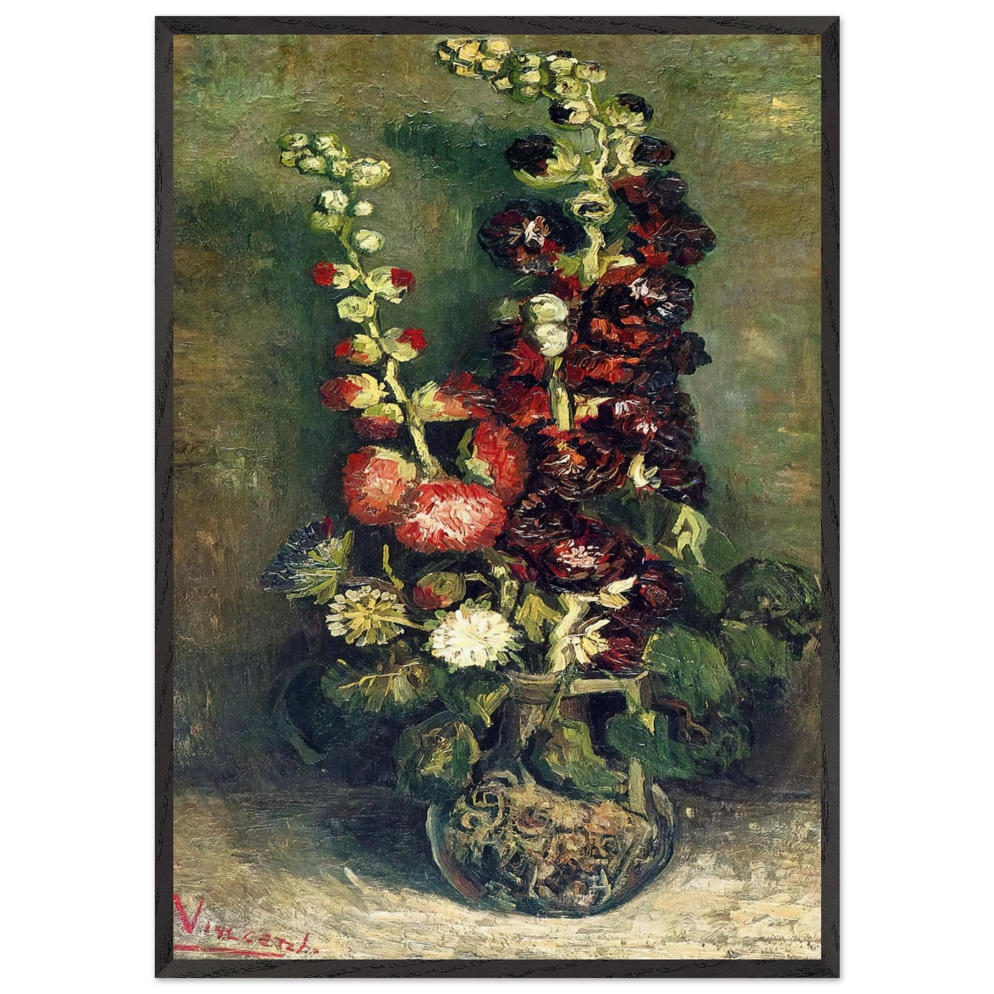 Vase of Hollyhocks - Vincent van Gogh Framed Art Print – Black Wooden Frame - Default Title - -Framed Art Print