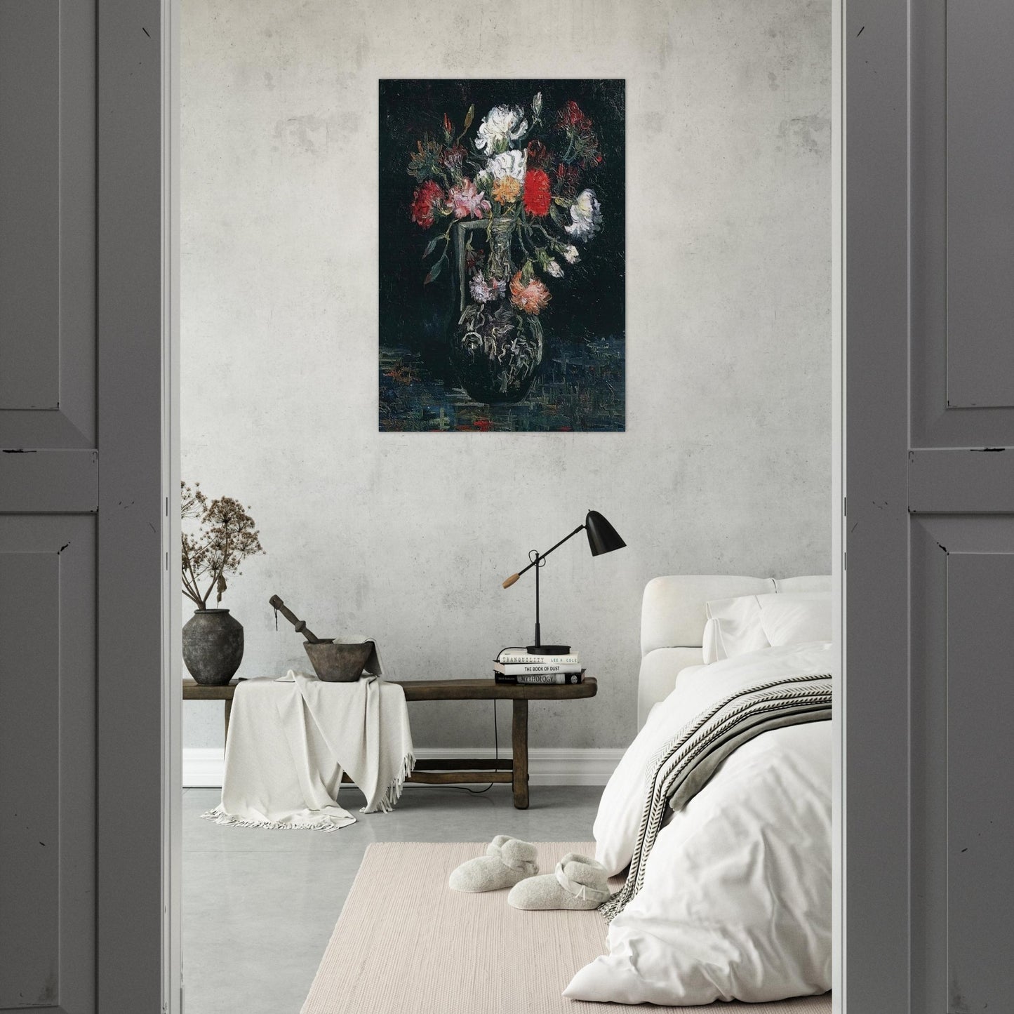 Vase with White and Red Carnations - Vincent van Gogh Brushed Aluminum Print - 70x100 cm / 28x40 inches | Vincent van Gogh Aluminum Print | Vincent van Gogh Prints