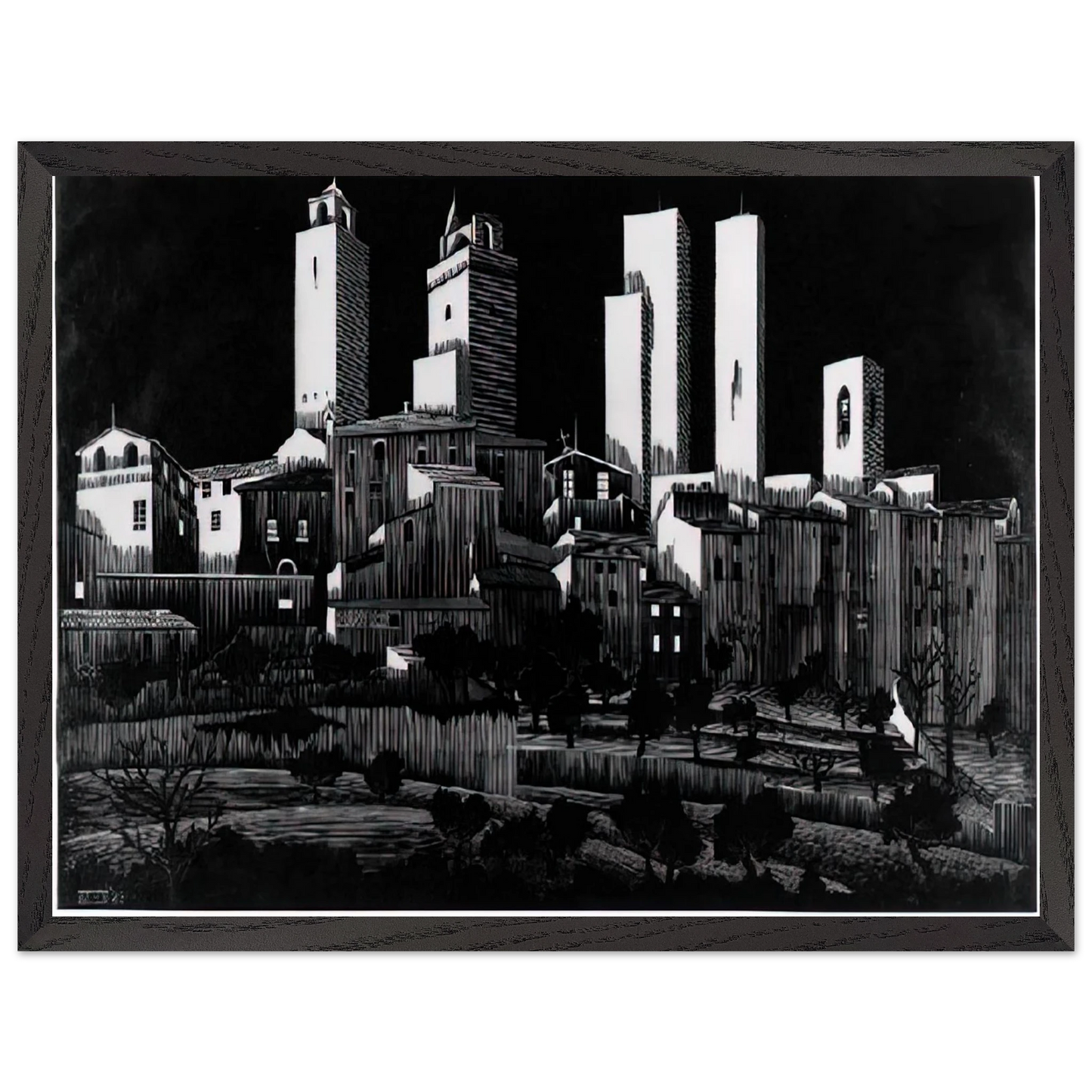 MC Escher - SAN GIMIGNANO Wall Art - 60x80 cm / 24x32 inches - Premium Wooden Framed Poster With Fine Art Paper - White frame