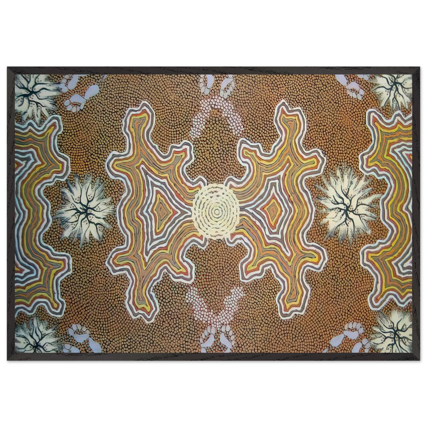 Mens Dreaming - 1994 - Clifford Possum Tjapaltjarri Framed Art Print – Black Wooden Frame - Default Title - -Framed Art Print