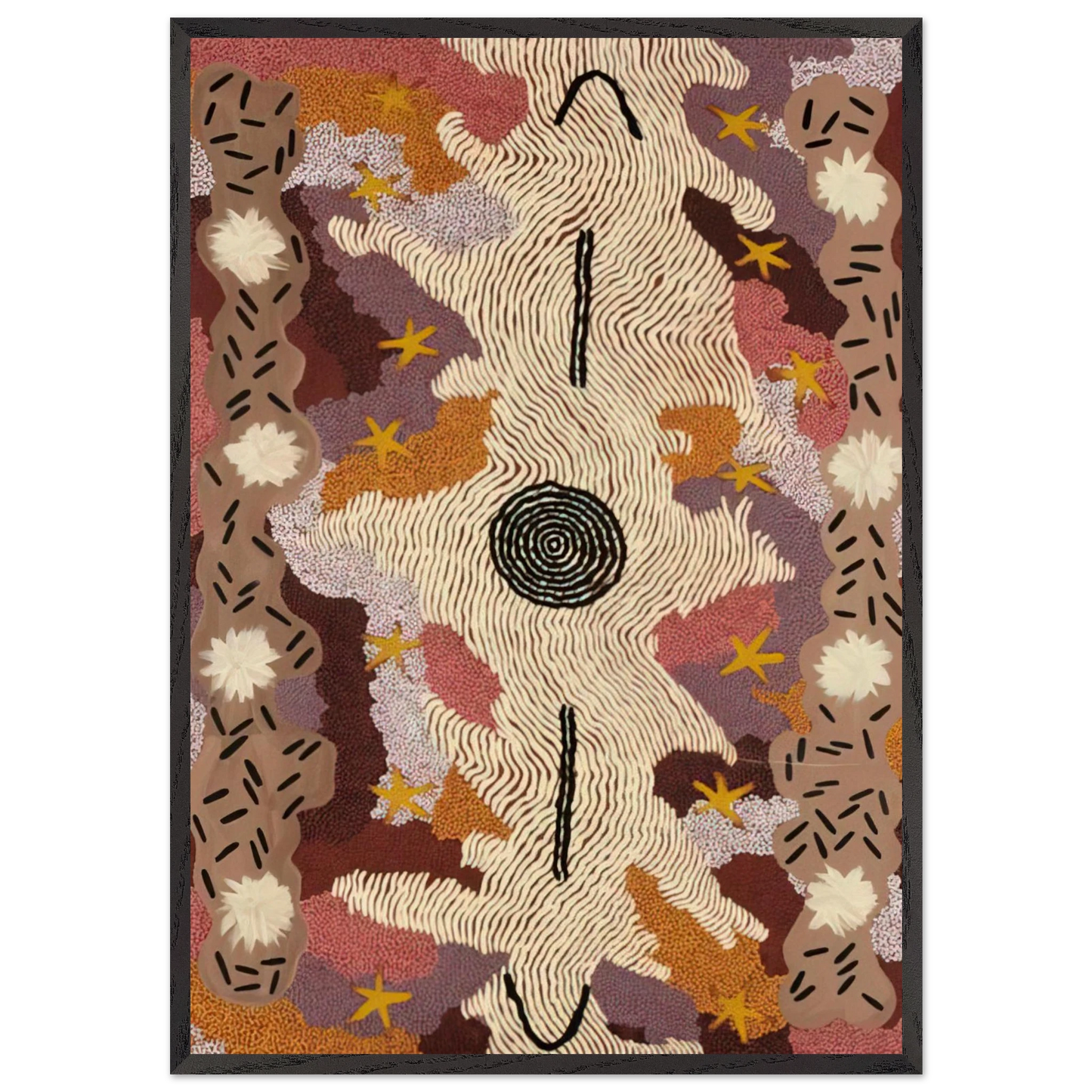 Secret Mens Business - 1995 - Clifford Possum Tjapaltjarri Framed Art Print – Black Wooden Frame - Default Title - -Framed Art Print