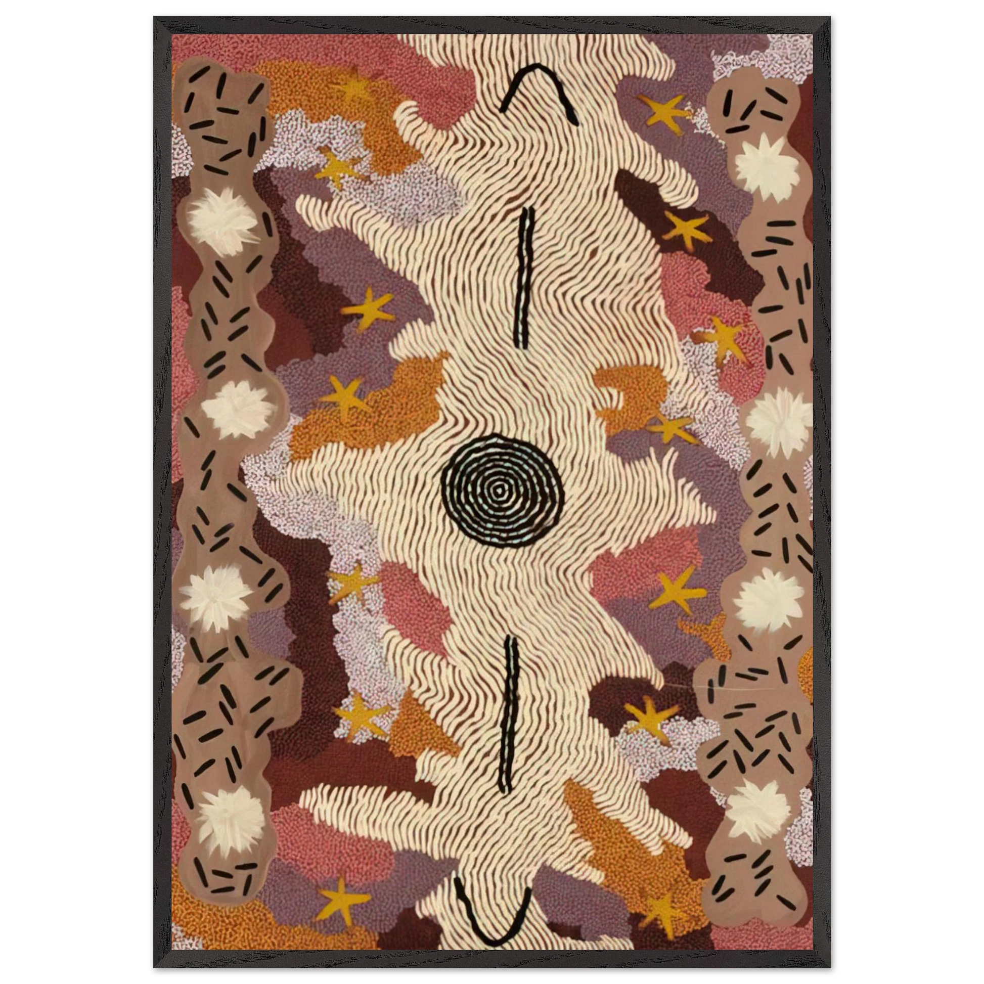 Secret Mens Business - 1995 - Clifford Possum Tjapaltjarri Framed Art Print – Black Wooden Frame - Default Title - -Framed Art Print