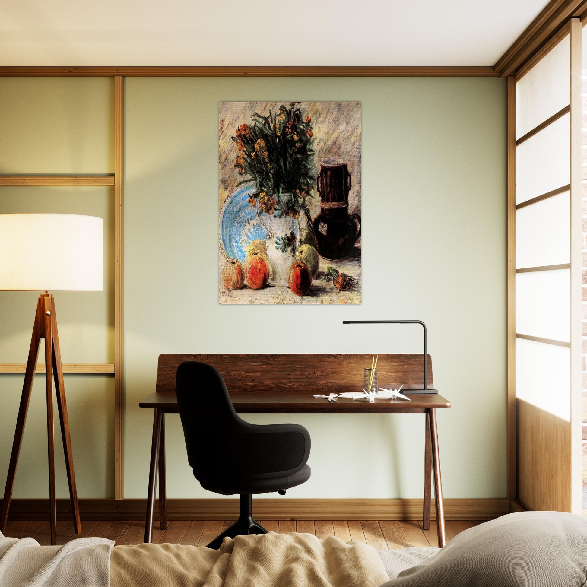 Vase with Flowers, Coffeepot and Fruit - Vincent van Gogh Brushed Aluminum Print - 70x100 cm / 28x40 inches | Vincent van Gogh Aluminum Print | Vincent van Gogh Prints