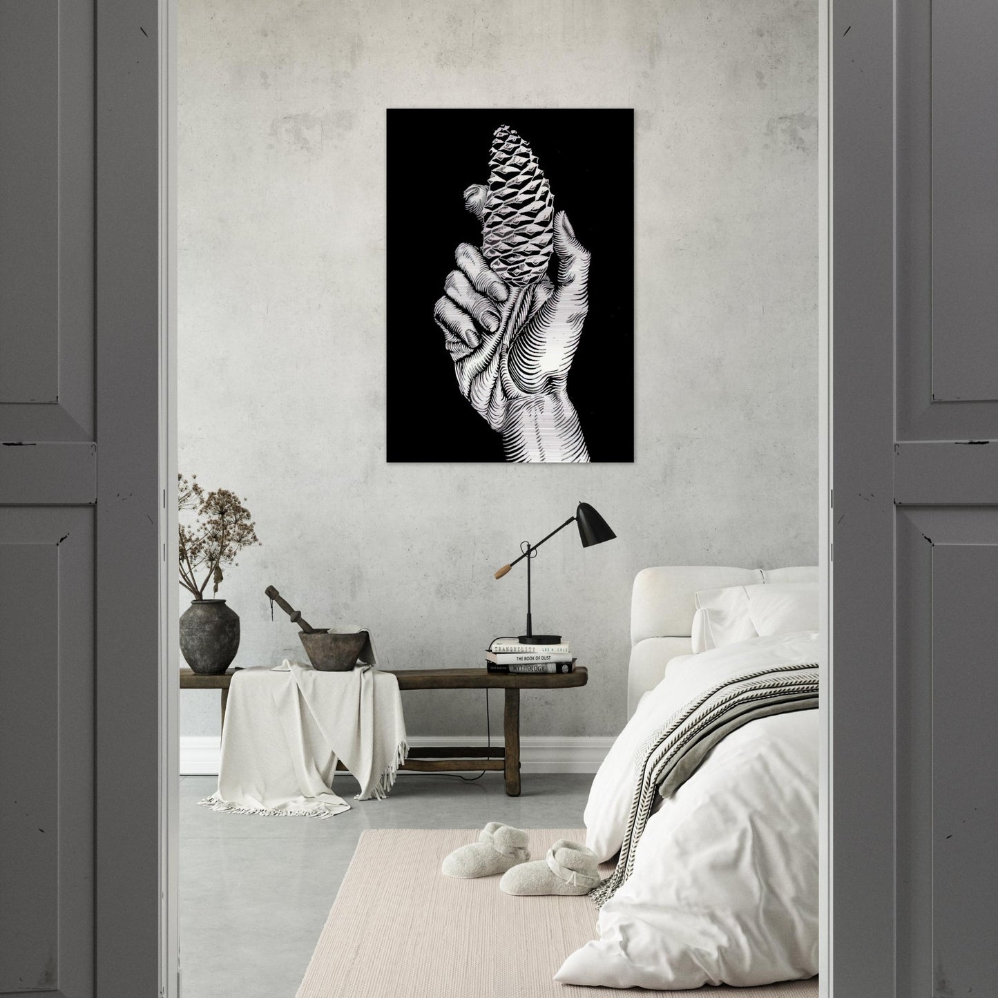 HAND WITH FIR CONE - MC Escher Brushed Aluminum Print - 70x100 cm / 28x40 inches | MC Escher Aluminum Print | MC Escher Prints