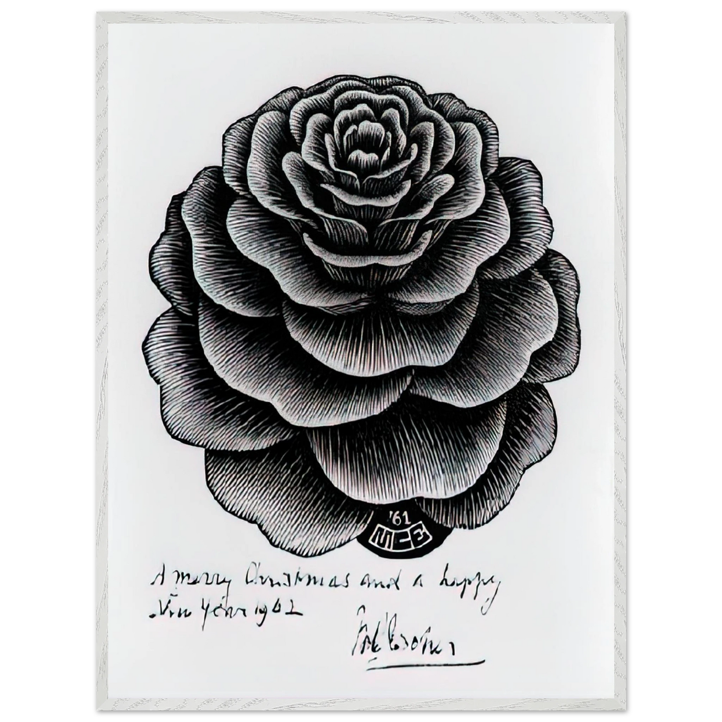MC Escher - MERRY CHRISTMAS HAPPY NEW YEAR Wall Art - 21x29.7 cm / 8x12" - Premium Wooden Framed Poster With Fine Art Paper - Wood frame
