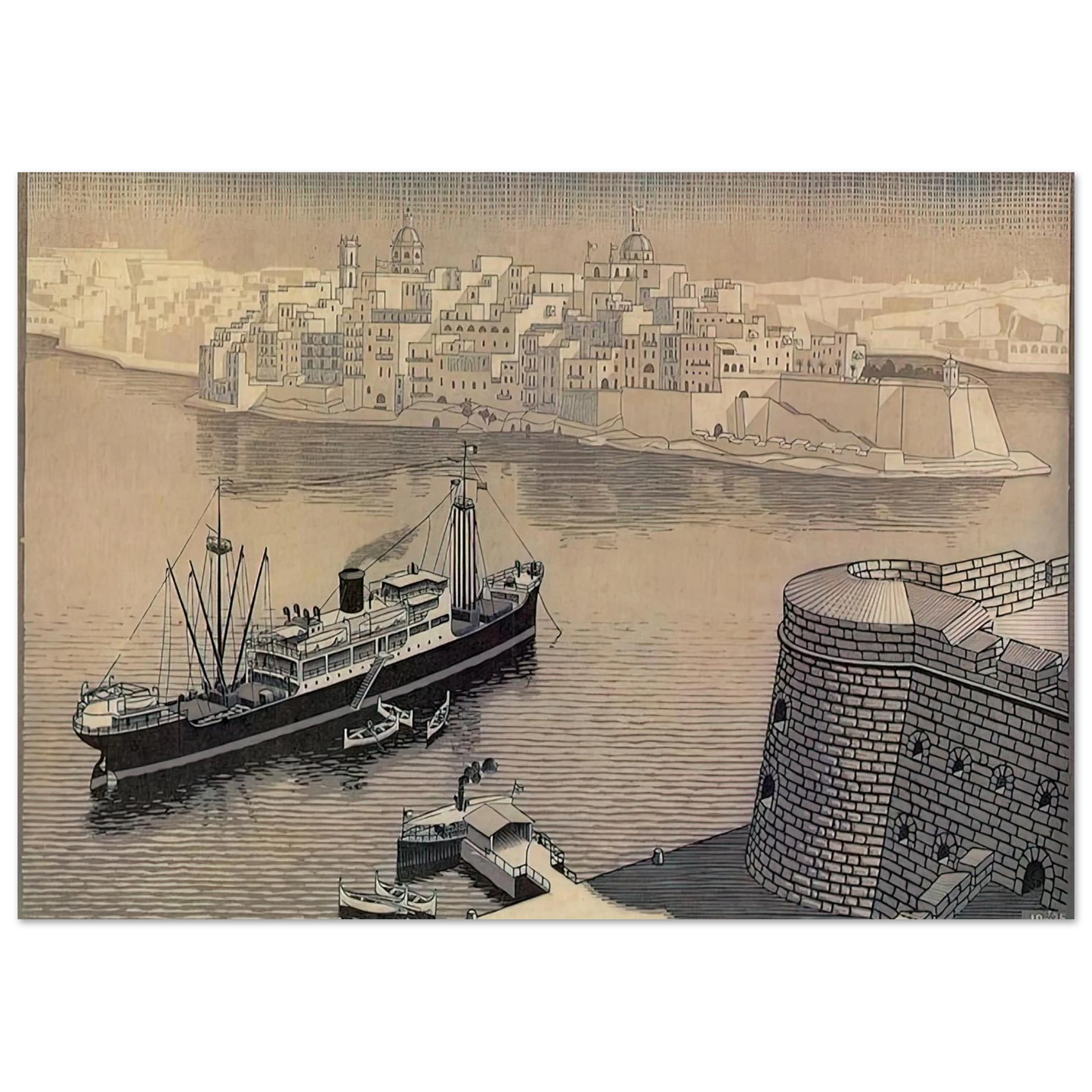 MC Escher - SENGELA MALTA Wall Art - 30x40 cm / 12x16 inches - Premium Wooden Framed Poster With Fine Art Paper - White frame