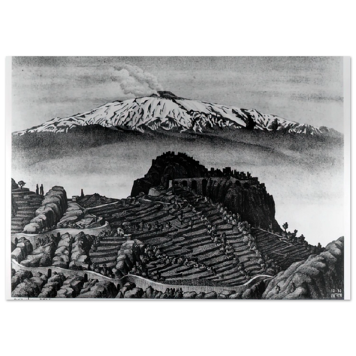 MC Escher - CASTEL MOLA AND MOUNT ETNA SICILY DECEMBER 1932 1932 Wall Art - 21x29.7 cm / 8x12" - Premium Wooden Framed Poster With Fine Art Paper - White frame